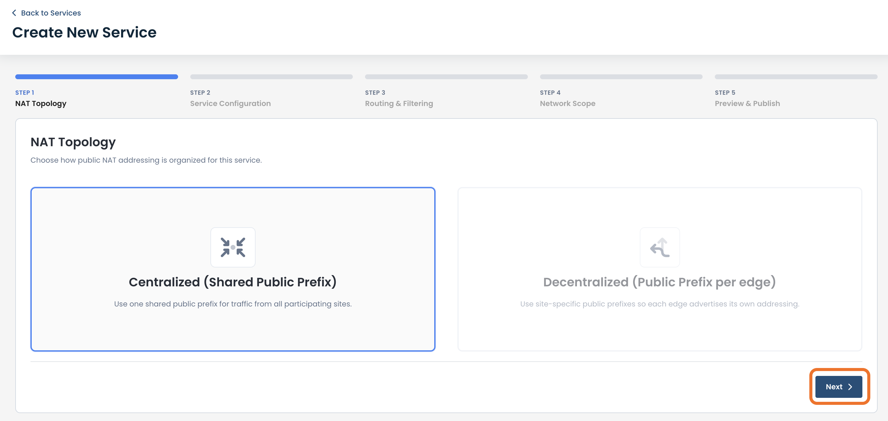 NAT Topology selection screen with options for centralized and decentralized addressing.